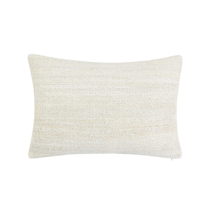 Ivory woven rectangular throw pillow with stitched border.