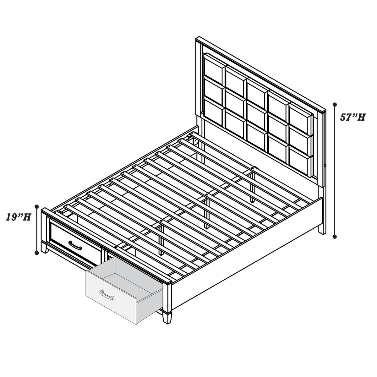White bed frame with tufted headboard and underbed drawers, 57 in and 19 in height