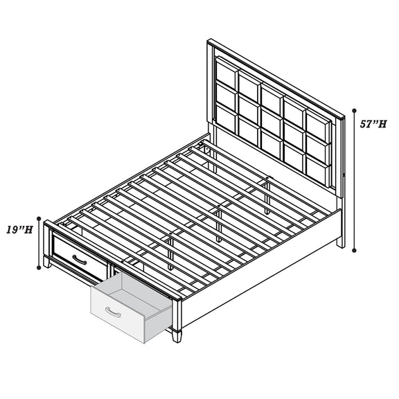 White bed frame with tufted headboard and underbed drawers, 57 in and 19 in height