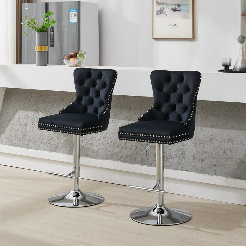 Thick Chrome Swivel Velvet Barstools,Adjustable 25-33'Height,Modern Upholstered with17.7' Base,Tufted Buttons&Diamond Pleating,Sponge&Spring Seat,for Home Pub&Kitchen Island(Black, Set of 2)