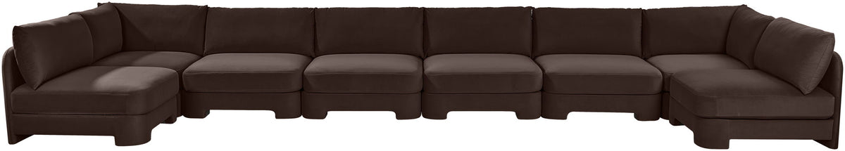 U-shaped armless sectional sofa in dark brown velvet with rounded seat backs
