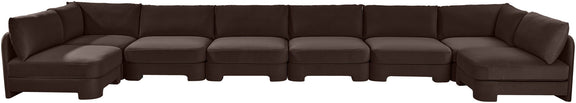 U-shaped armless sectional sofa in dark brown velvet with rounded seat backs