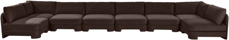 U-shaped armless sectional sofa in dark brown velvet with rounded seat backs