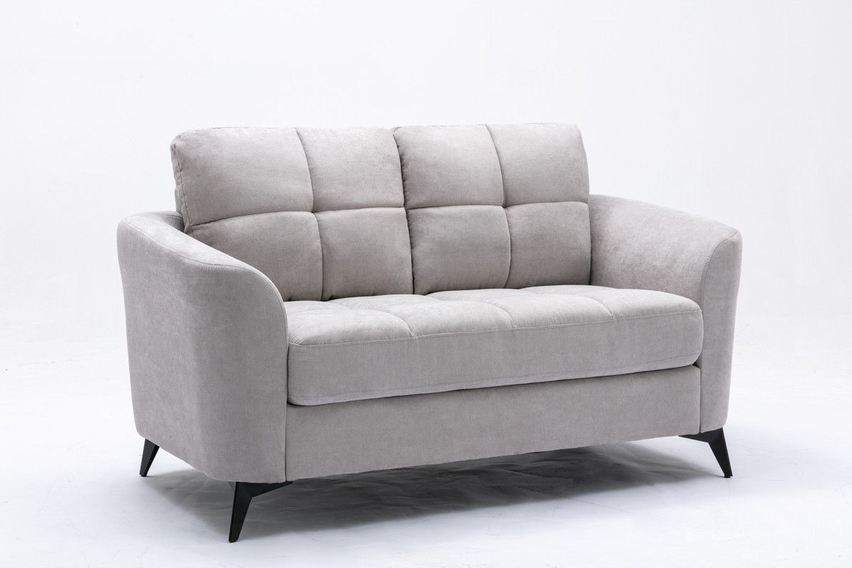 Gray woven fabric loveseat with tufted back, padded arms, and black tapered legs