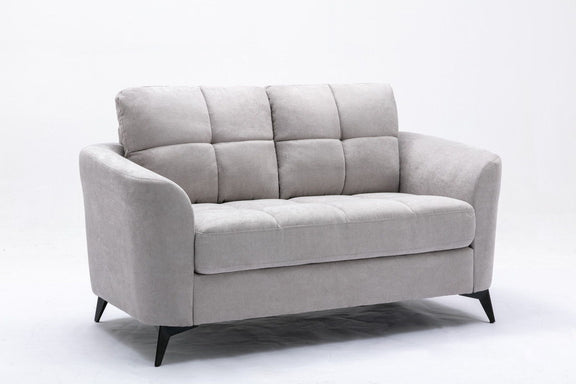 Gray woven fabric loveseat with tufted back, padded arms, and black tapered legs