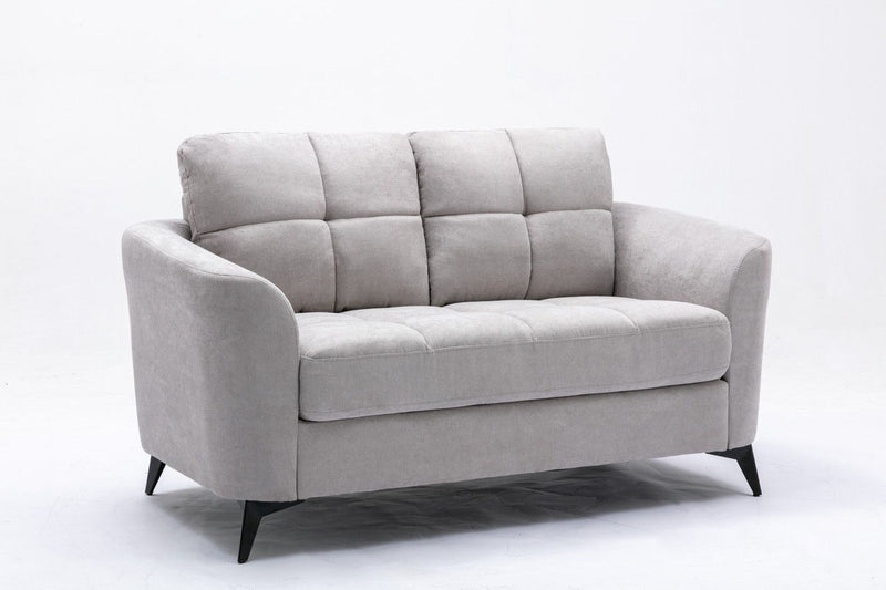 Gray woven fabric loveseat with tufted back, padded arms, and black tapered legs