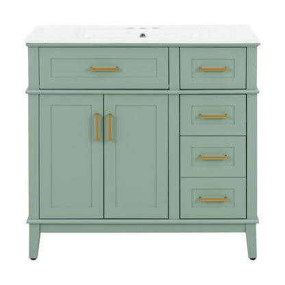 Green bathroom vanity with sink, two doors, four drawers, gold bar handles, raised legs