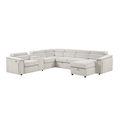 Beige power recliner sleeper sectional with chaise-style ottoman and corner