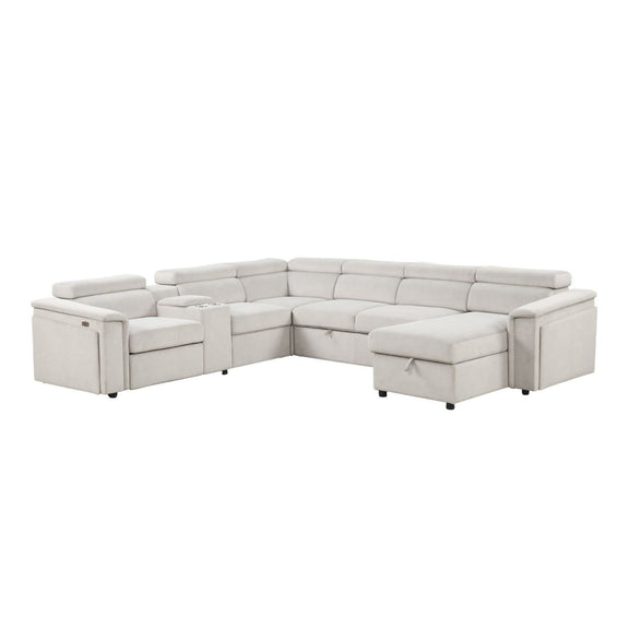 Beige power recliner sleeper sectional with chaise-style ottoman and corner