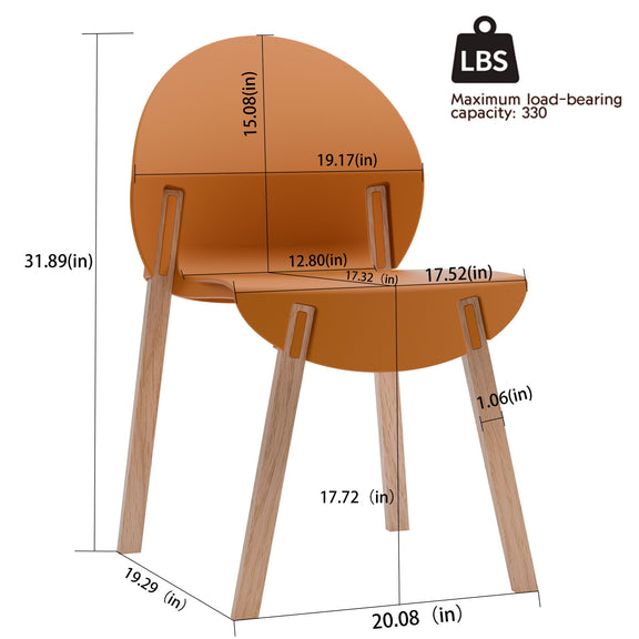 Orange dining chair with round seat, curved backrest, and light wooden legs