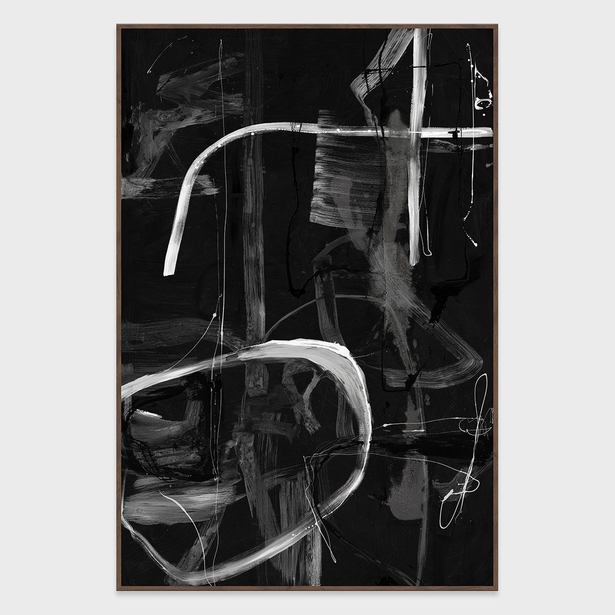 Framed abstract painting featuring white strokes on a dark, textured background