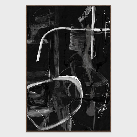 Framed abstract painting featuring white strokes on a dark, textured background