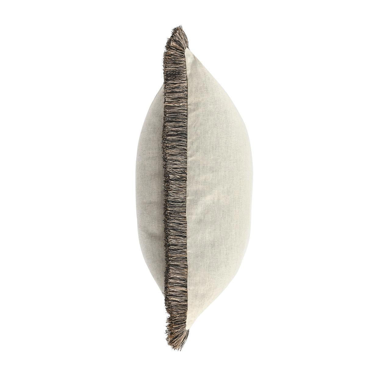 Natural linen pillow side view with dark gray fringe trim