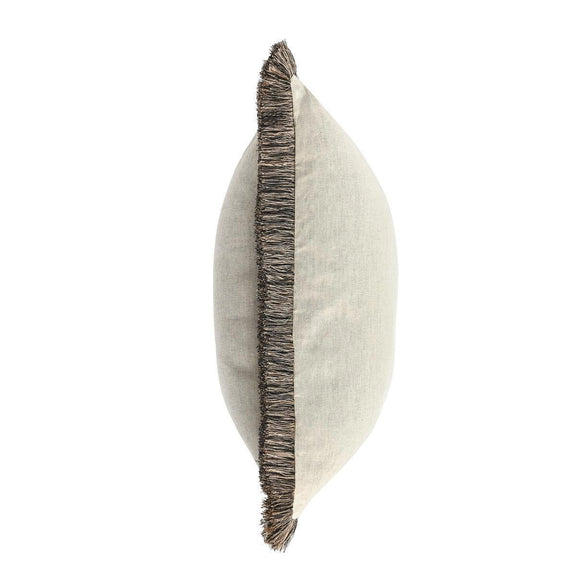 Natural linen pillow side view with dark gray fringe trim