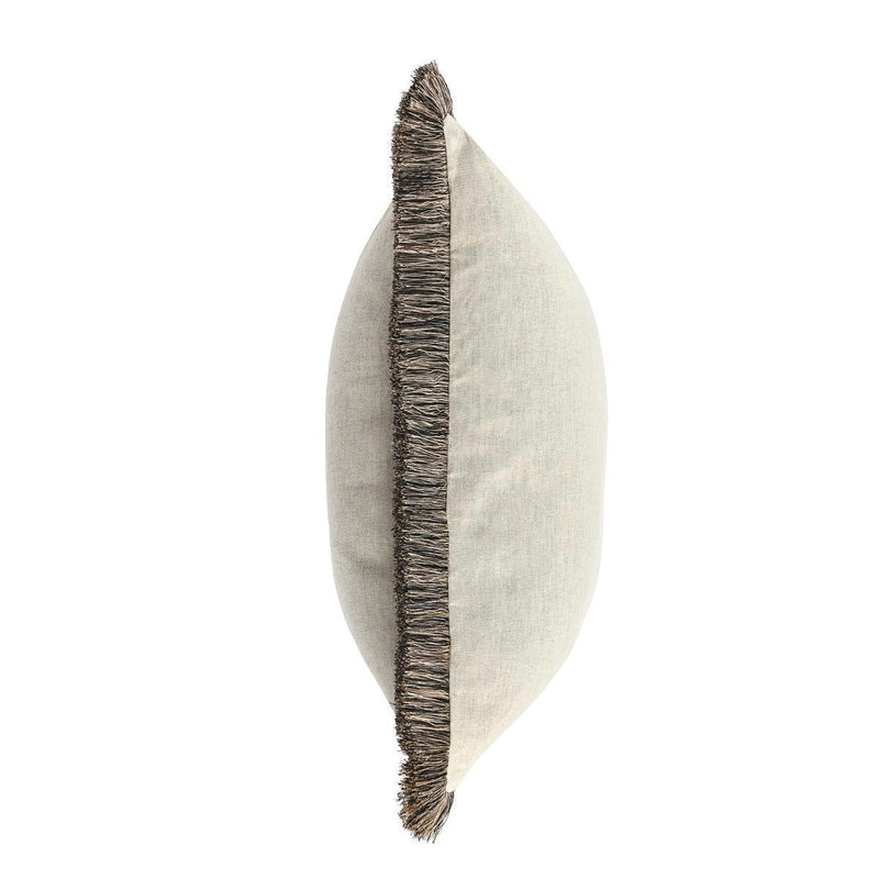 Natural linen pillow side view with dark gray fringe trim