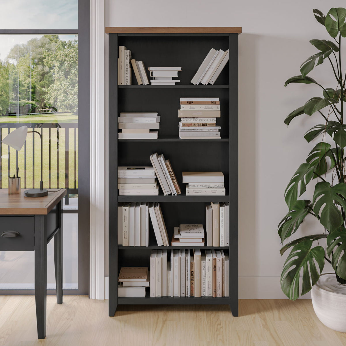 Essex - High 5 Shelf Bookcase - Black, Whiskey