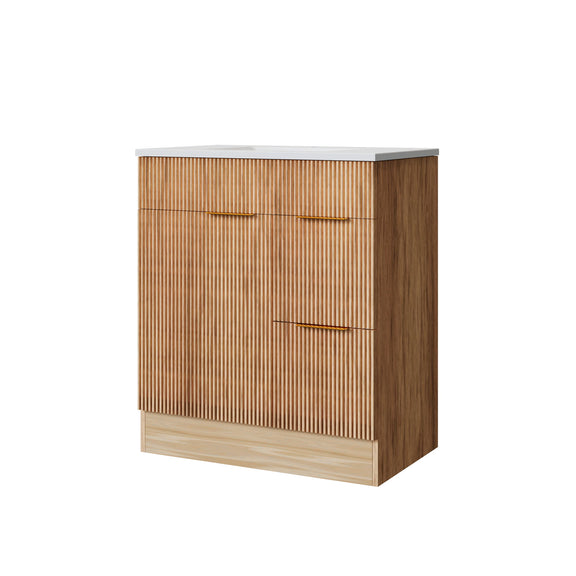 Freestanding walnut bathroom vanity cabinet with fluted front, one door, two drawers, and white top
