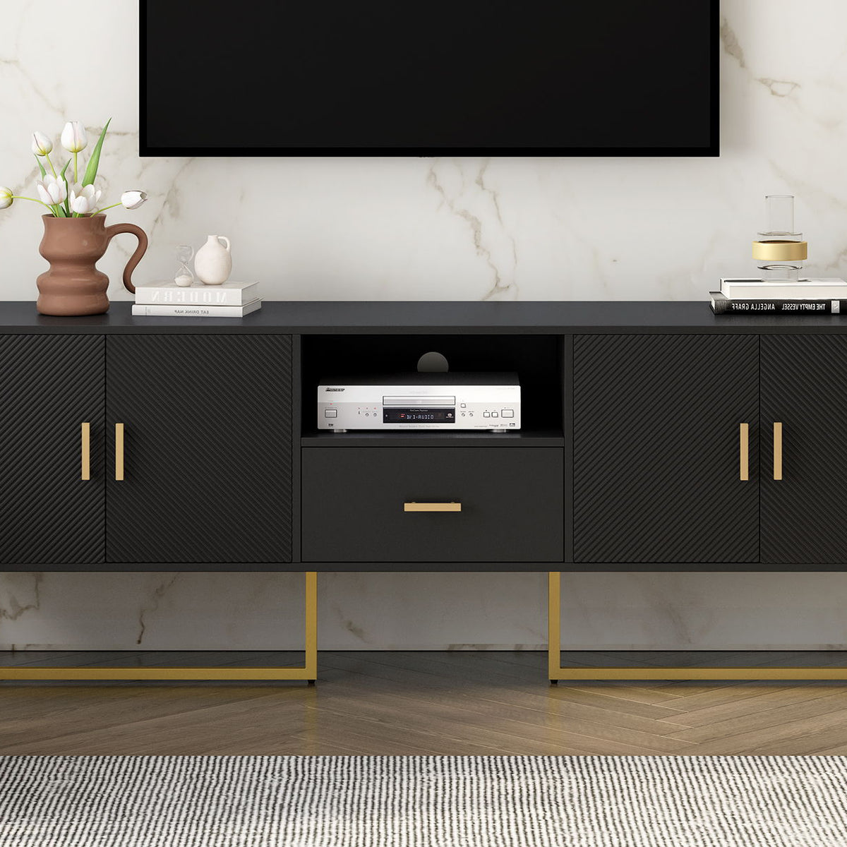 TV Cabinet With 1 Drawer, 2 Cabinets, Handles And Anti-Tip Device
