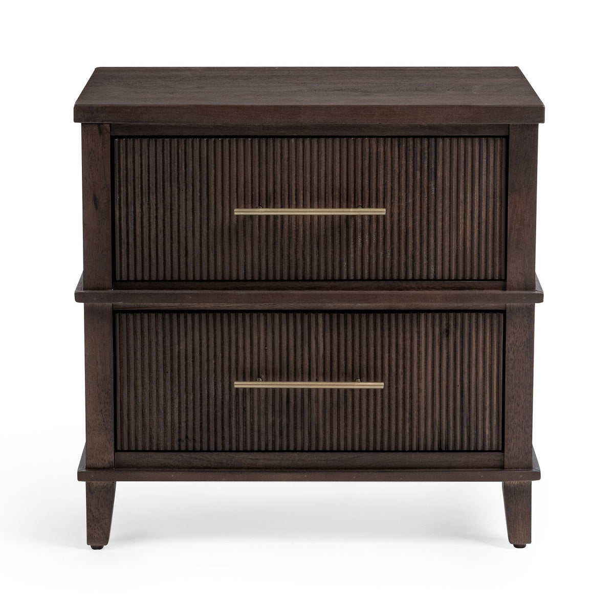 2-drawer nightstand with ribbed doors, two gold bar pulls, dark Kona brown finish