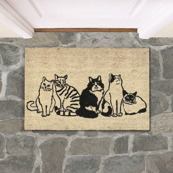 Cat lineup doormat in sand with black line art cats