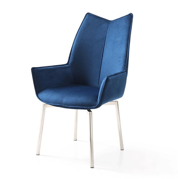 Blue swivel dining chair with padded seat, tall curved back, and metal legs