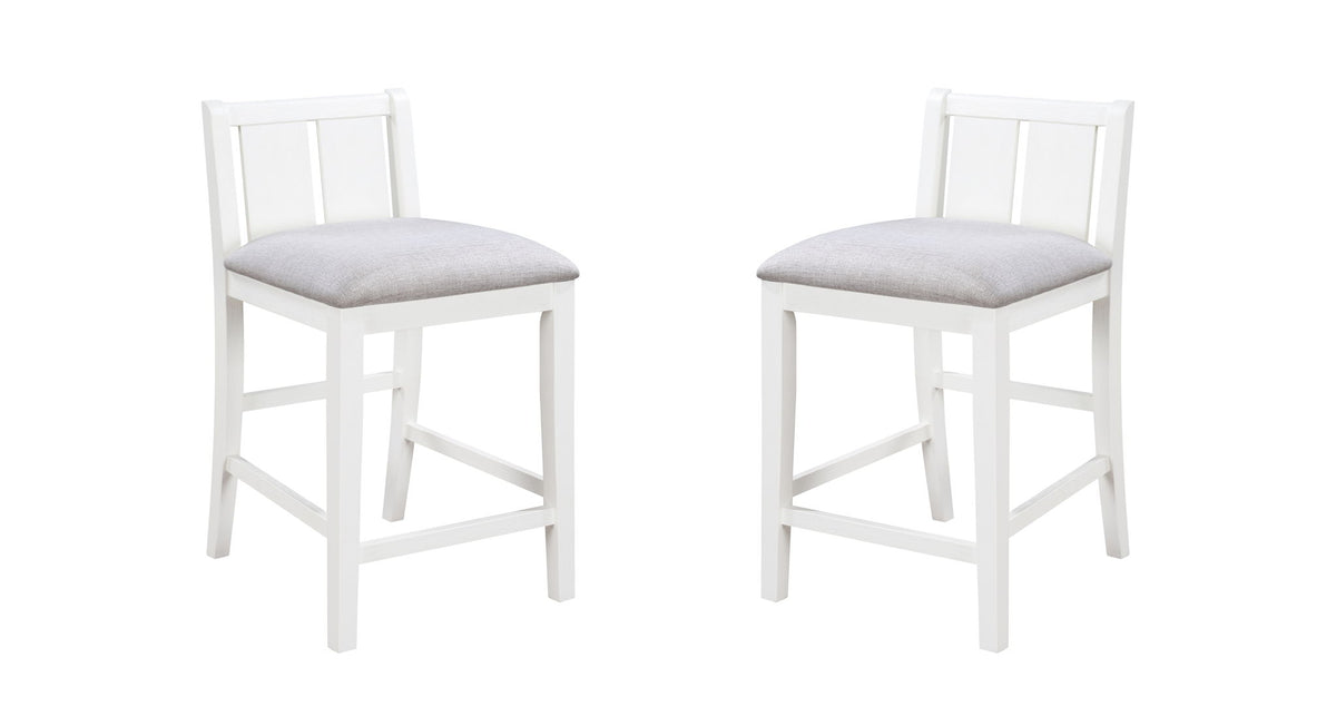Counter-height upholstered seat chair in white with light gray cushioned seat and slat back