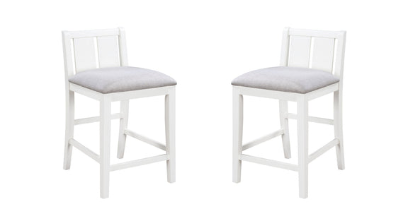 Counter-height upholstered seat chair in white with light gray cushioned seat and slat back