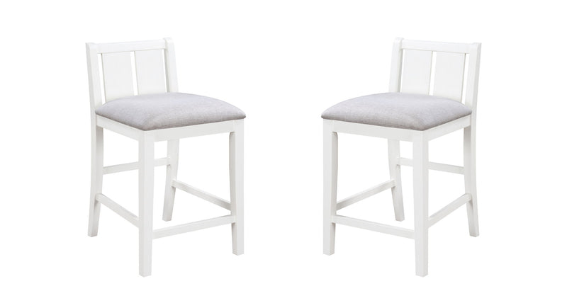 Counter-height upholstered seat chair in white with light gray cushioned seat and slat back