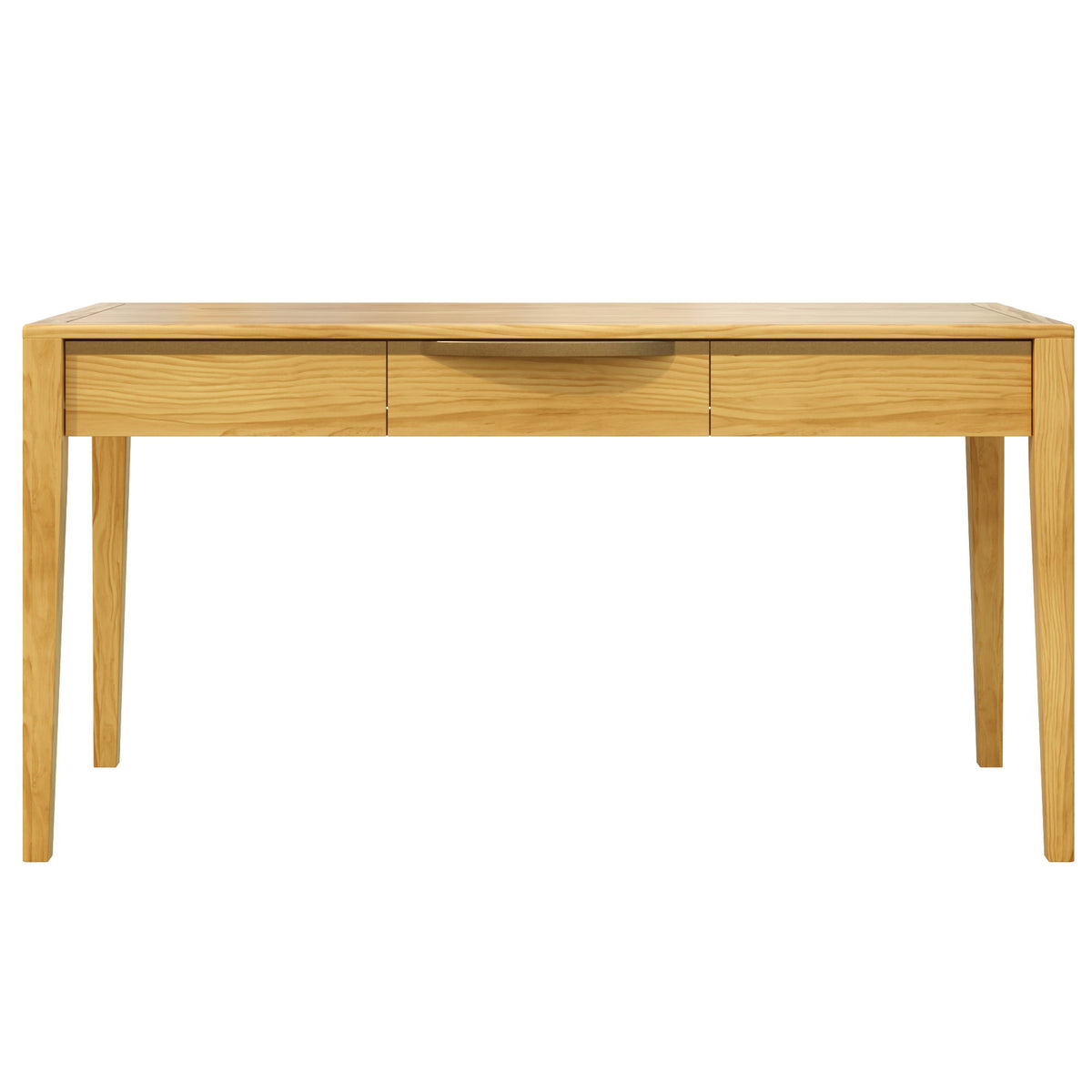 Light brown wood office desk with three drawers and tapered legs