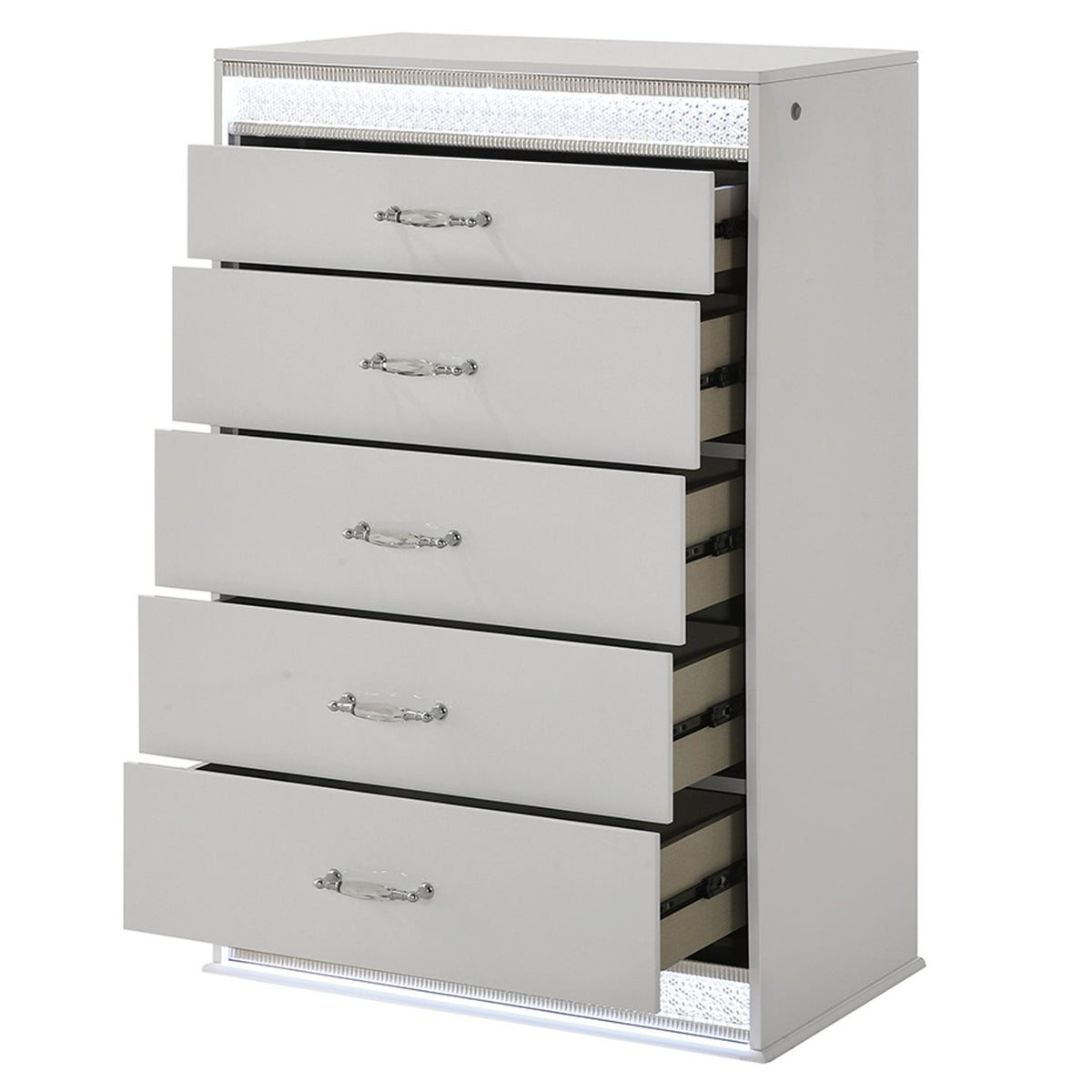 White 5-drawer chest with LED light trim and partially open drawers, chrome knobs visible.