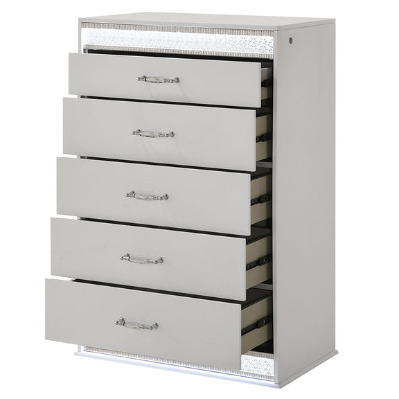 White 5-drawer chest with LED light trim and partially open drawers, chrome knobs visible.