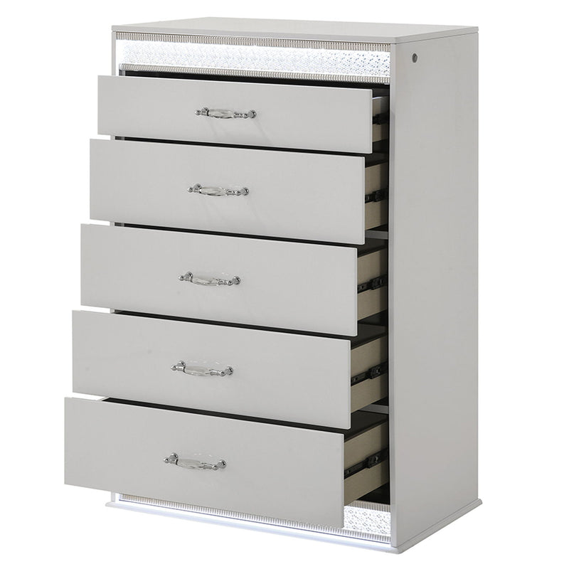 White 5-drawer chest with LED light trim and partially open drawers, chrome knobs visible.
