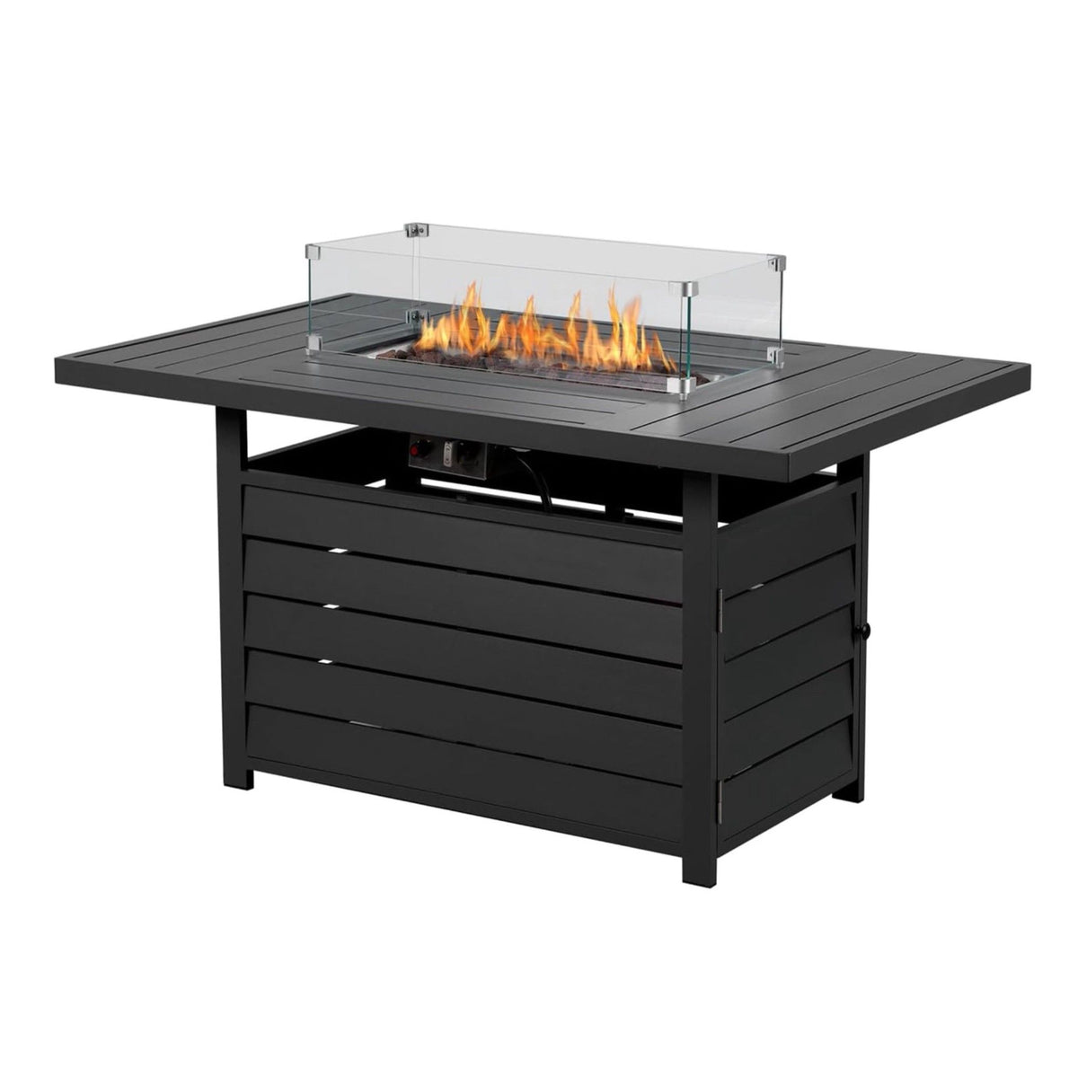 Black rectangular propane fire pit table with glass windscreen and visible flames