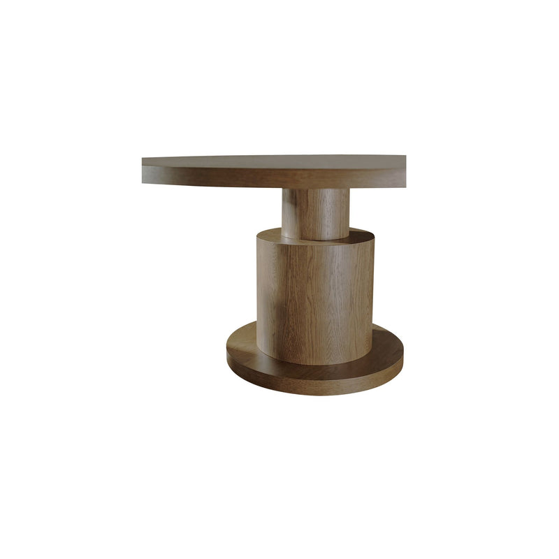 Brown wooden dining table with a compact round top and tiered cylinder base