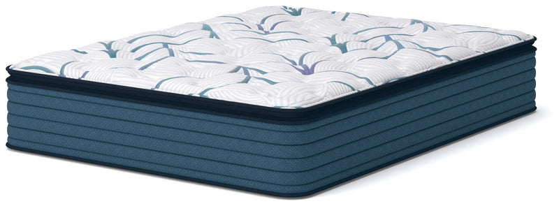 Limited edition plush PT 3.0 mattress with white patterned top and teal edge side panels