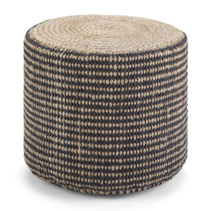 Black and cream braided round pouf ottoman, handcrafted rope-knit texture