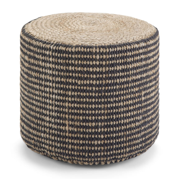 Black and cream braided round pouf ottoman, handcrafted rope-knit texture