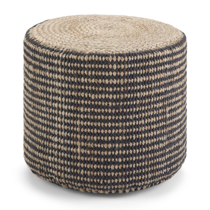 Black and cream braided round pouf ottoman, handcrafted rope-knit texture