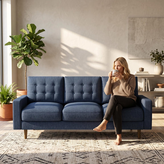 Navy three-seat sofa with button-tufted back cushions, wide arms, and wood legs