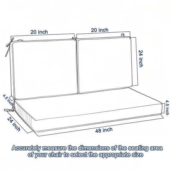 Patio chair cushion size diagram: 48 in wide, 20 in deep, 21 in back height