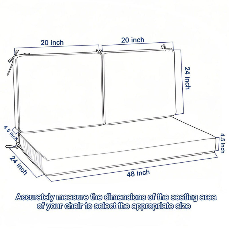 Patio chair cushion size diagram: 48 in wide, 20 in deep, 21 in back height