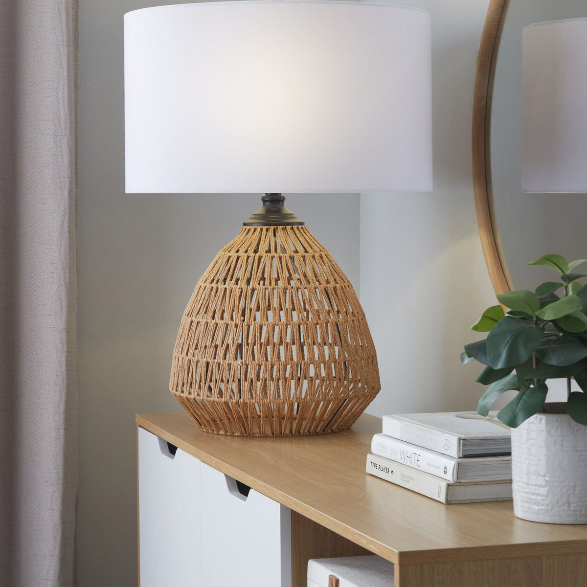 Congo - Contemporary Rattan Table Lamp - Natural / Matte Black / White