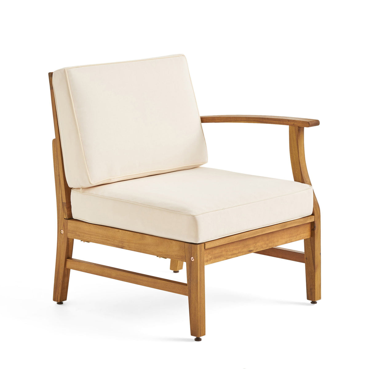 Outdoor accent chair with cream upholstered seat and wooden armrests
