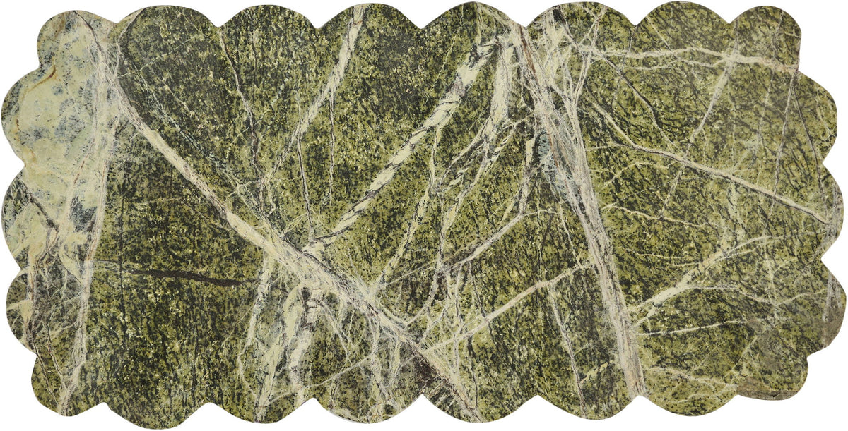 Genuine marble tray with scalloped edge, green stone with bold white veining