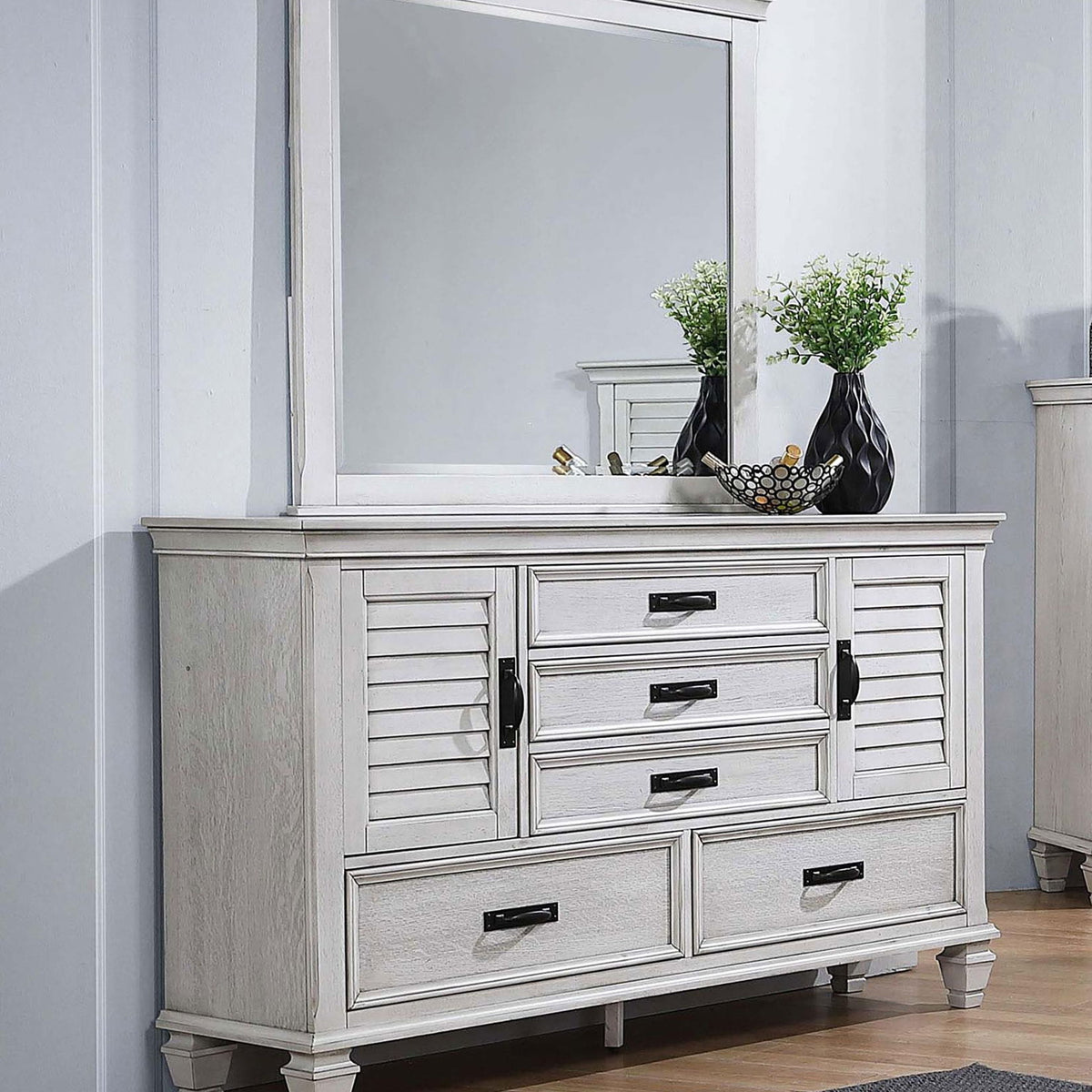 Franco 5-drawer Dresser with Mirror Distressed White