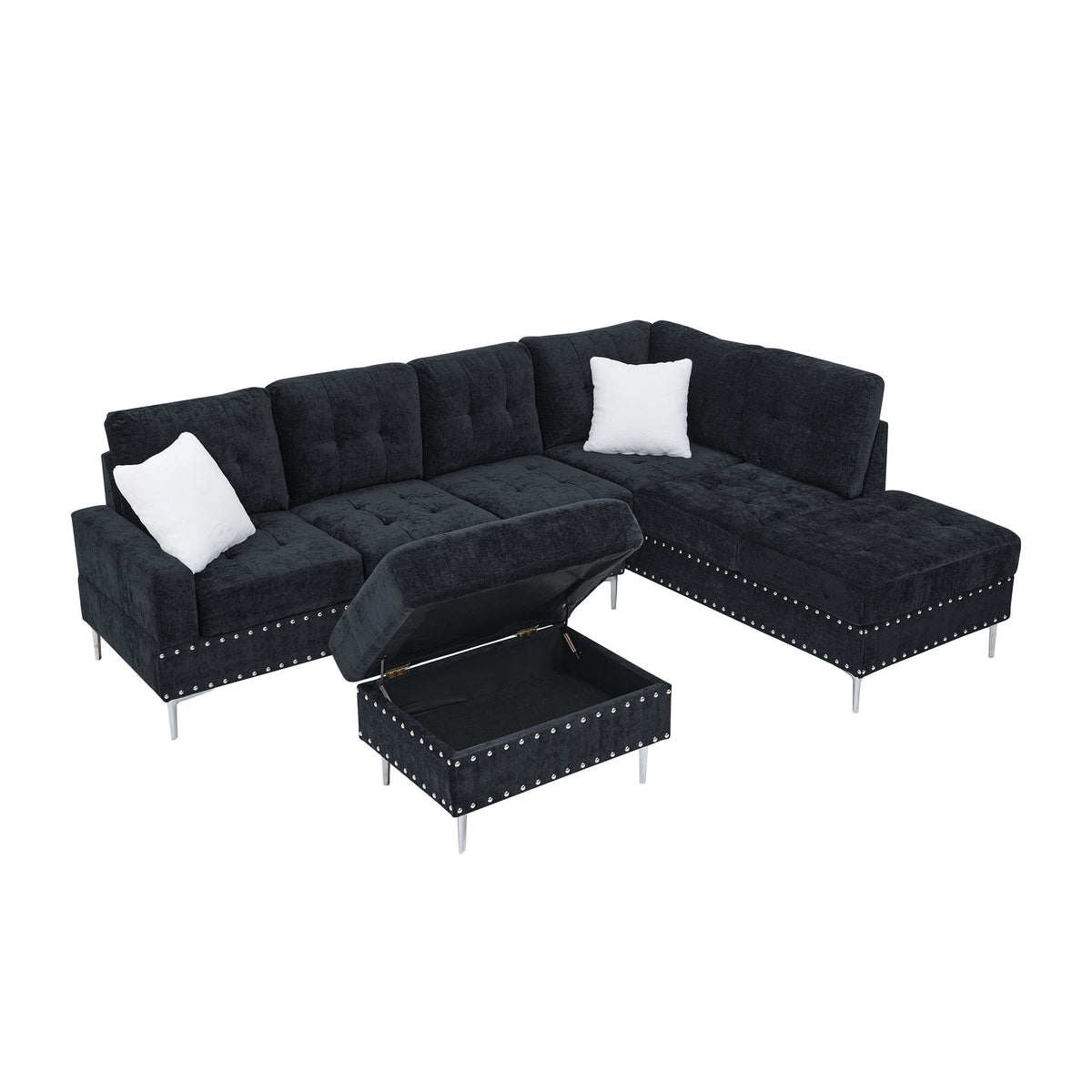 Black sectional sofa set with chaise plus matching storage ottoman and two white pillows