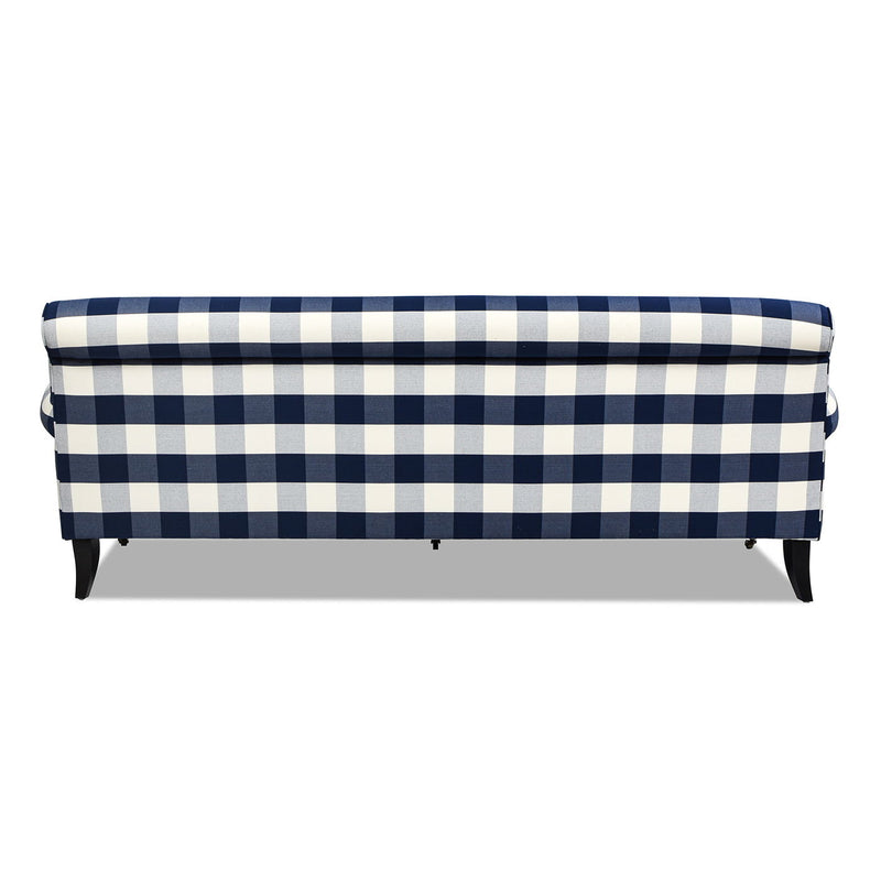 Blue and white plaid sofa seat bench with short legs and upholstered cushion back.