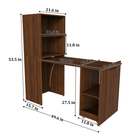 Dark brown office desk dimensions view with shelves, side door, and wheeled base