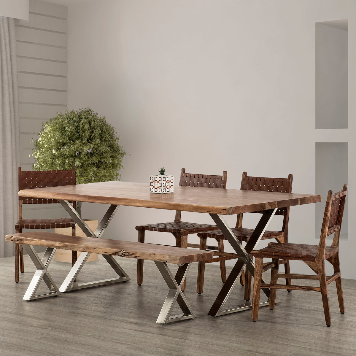 Farmhouse Design Acacia Wood Dining Bench With X Shaped Metal Legs - Brown / Chrome