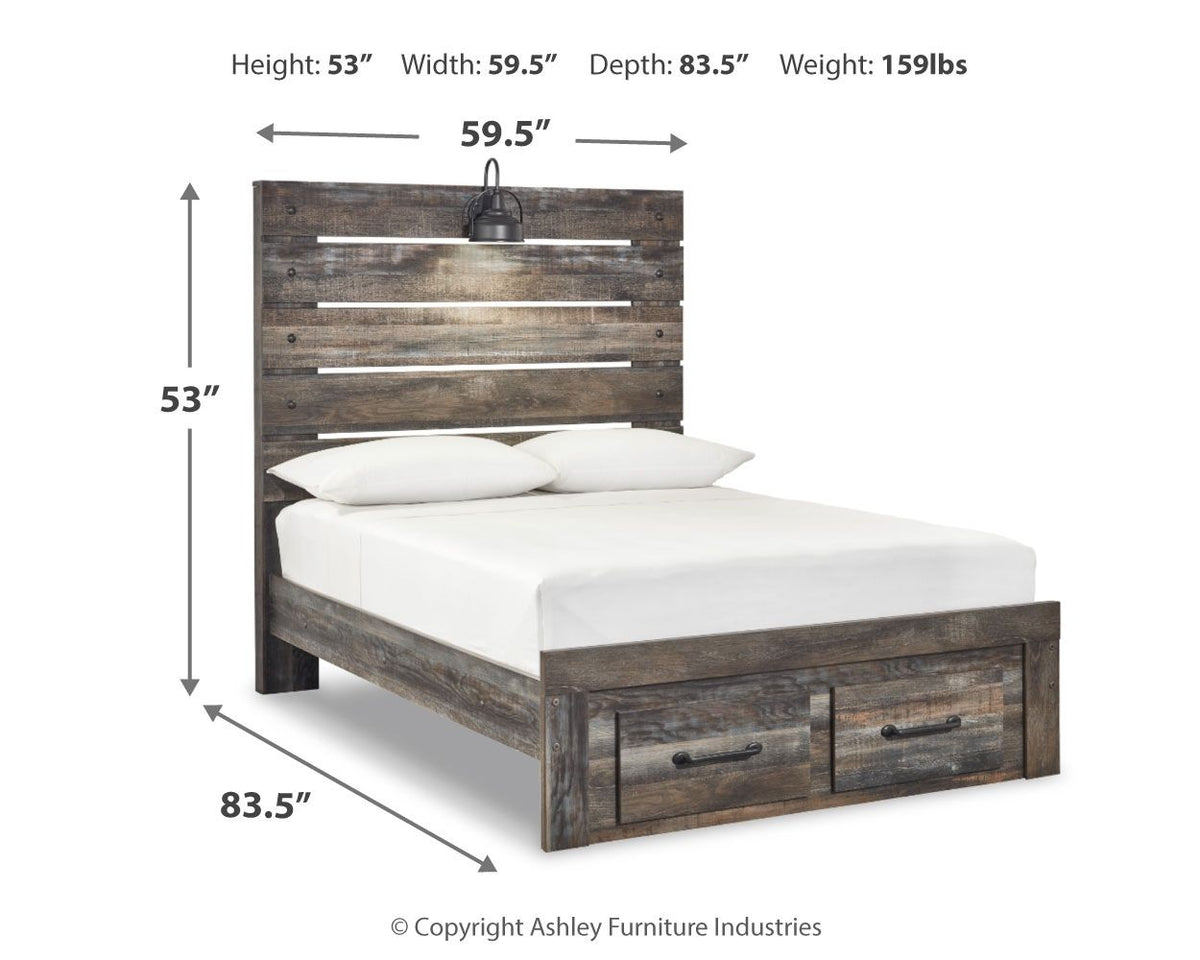 Panel bed with dark wood panel headboard, two drawer storage, and white mattress